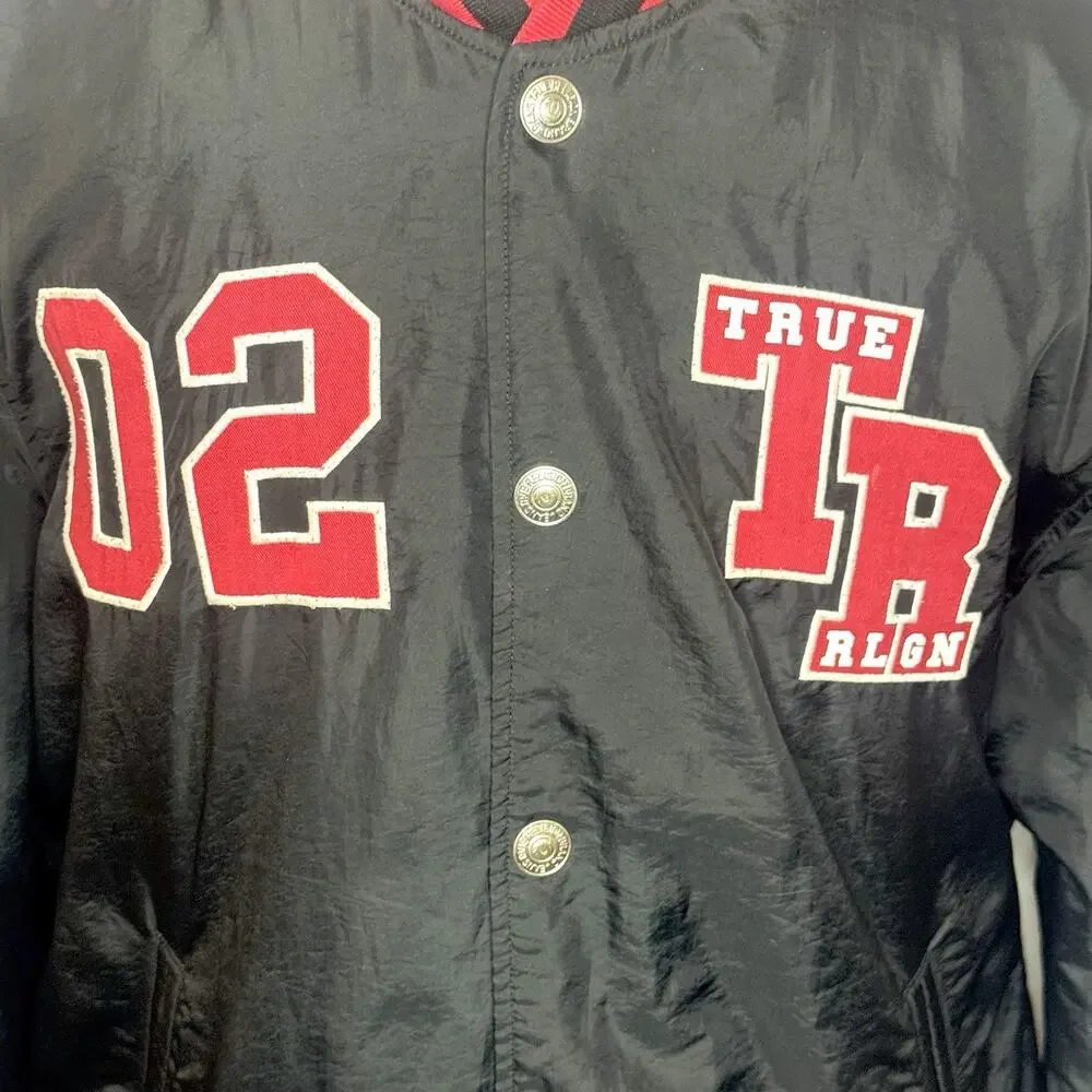 True Religion Varsity Jacket Mens 3XL Black Hooded Snap Front Panther Patch Y2K